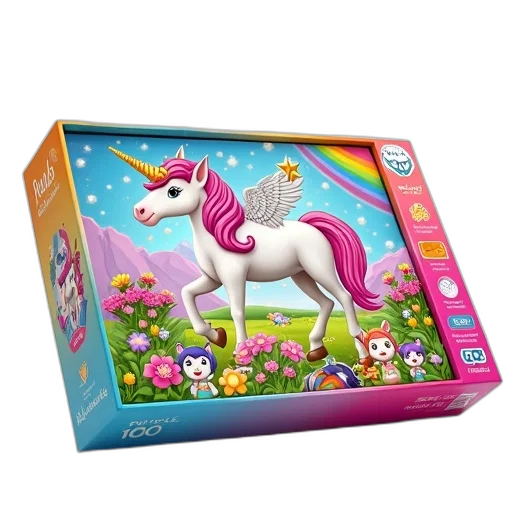 3d render, concept art, colorful, puzzle, box, unicorn, theme, displayed transparent PNG cut-out
