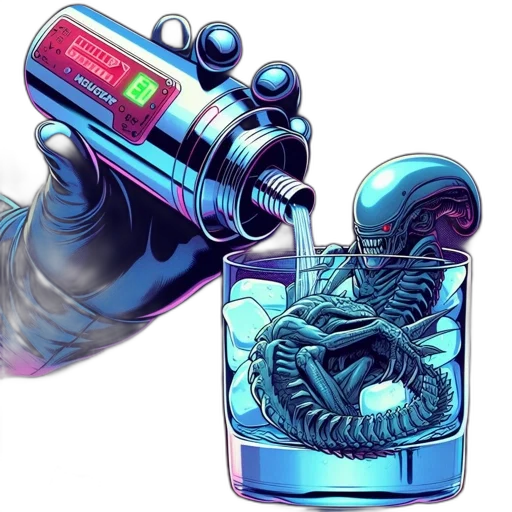 weapon, bottle, robot, concept art, cyberpunk, vaporwave, 3d render, outer space transparent PNG cut-out