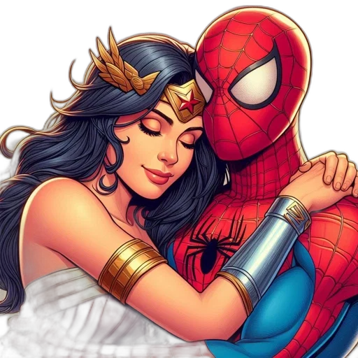 comic book art, concept art, fantasy art, wonder, woman, spider-man, embrace, intimately transparent PNG cut-out