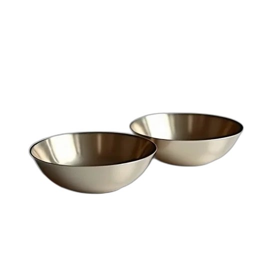 jewelry, food, 3d render, two, shiny, metal, bowls, placed transparent PNG cut-out