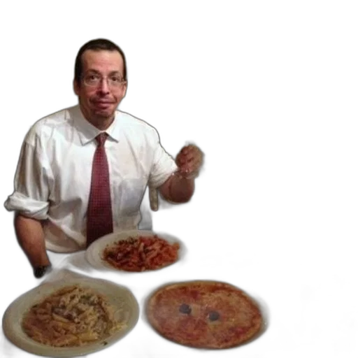 food, man, white, shirt, red, tie, sitting, table transparent PNG cut-out