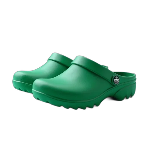 shoes, green, pair, rubber, clogs, glossy, finish, placed transparent PNG cut-out