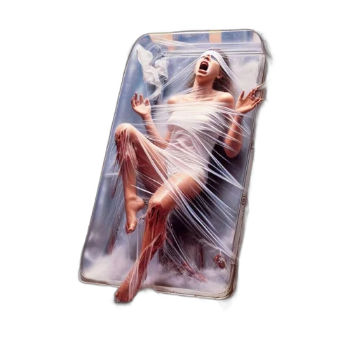 dress, vaporwave, agonized, woman, encased, translucent, goo, amid transparent PNG cut-out
