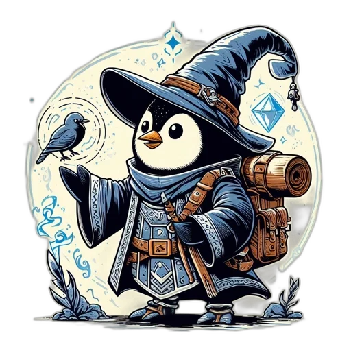 staff, fantasy art, concept art, comic book art, pixel art, illustrated, penguin, dressed transparent PNG cut-out