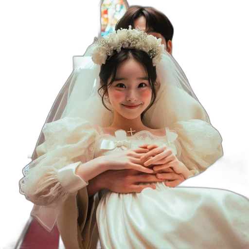 crown, dress, photorealistic, oil painting, couple, church, bride, wearing transparent PNG cut-out