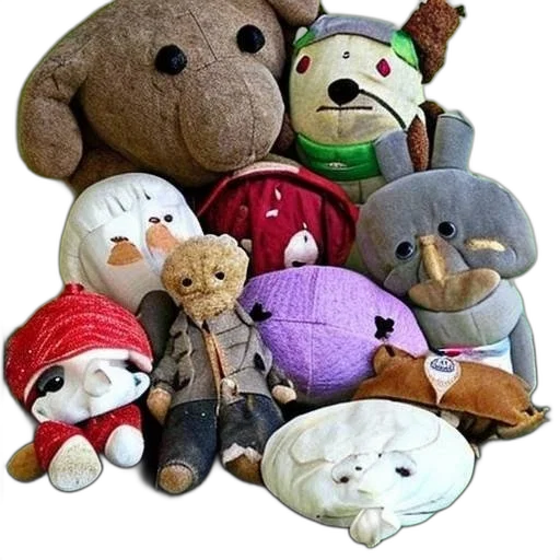 3d render, group, plush, toys, stuffed, animals, various, conditions transparent PNG cut-out