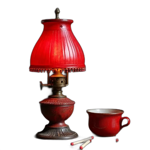 furniture, 3d render, photorealistic, red, old, kerosey, lamp, ash transparent PNG cut-out