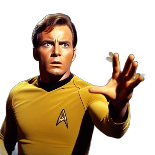 outer space, man, yellow, starfleet, uniform, stands, serious, extending transparent PNG cut-out