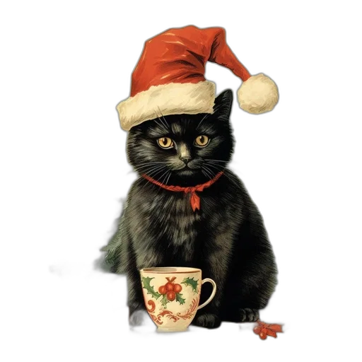 photorealistic, black, cat, dressed, santa, sits, beside, decorated transparent PNG cut-out