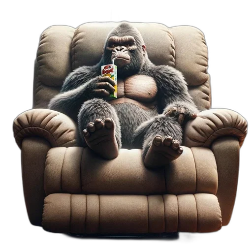 furniture, animal, jacket, 3d render, concept art, gorilla, sits, comfortable transparent PNG cut-out