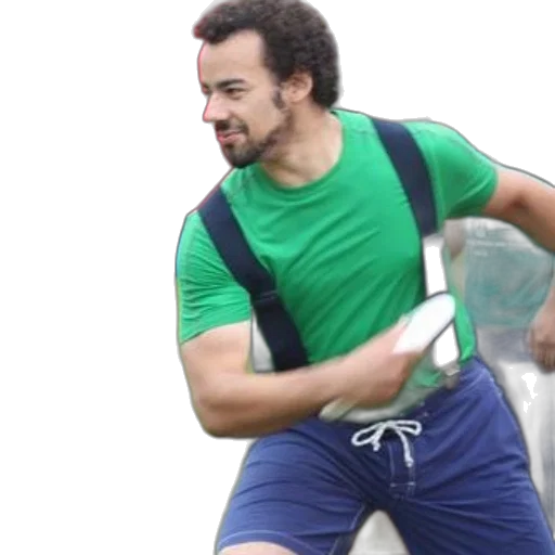 staff, green, man, shirt, blue, shorts, holding, frisbee transparent PNG cut-out