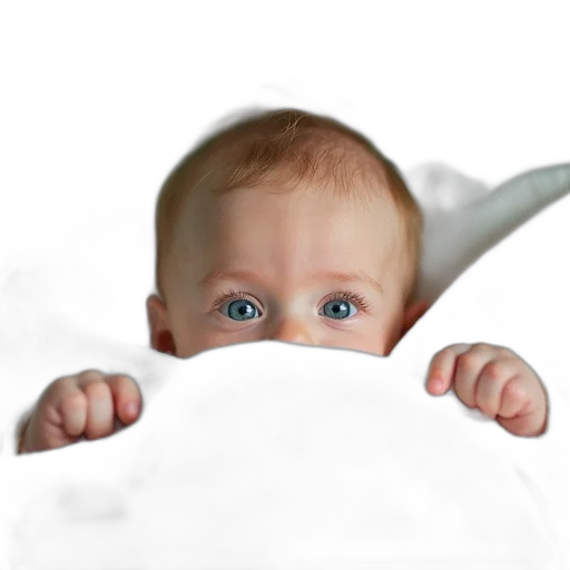 face, mask, photorealistic, 3d render, baby, blue, eyes, lying transparent PNG cut-out