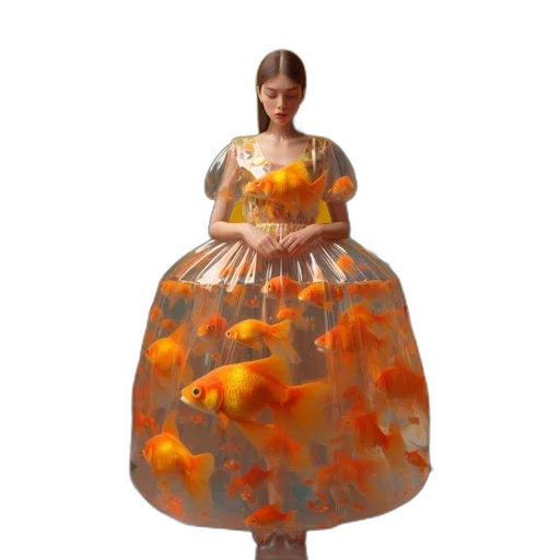 dress, concept art, 3d render, pixel art, fantasy art, underwater, golden, woman transparent PNG cut-out