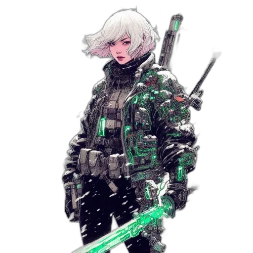 weapon, jacket, staff, robot, cyberpunk, concept art, pixel art, fantasy art transparent PNG cut-out