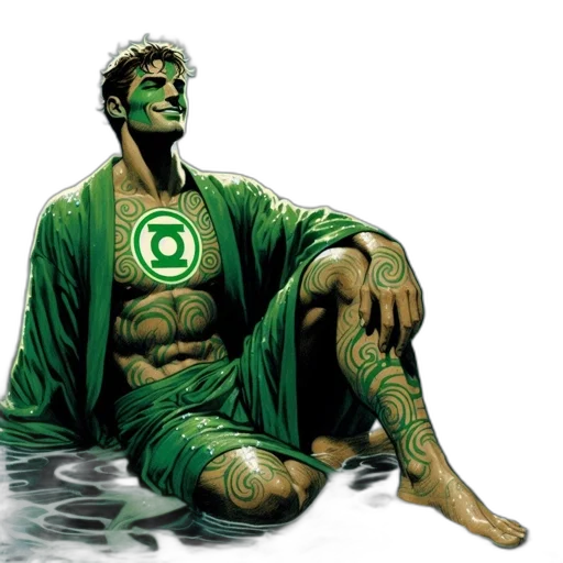 comic book art, concept art, green, male, superhero, dressed, robe, intricate transparent PNG cut-out