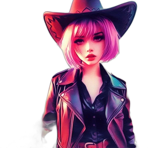 jacket, hat, face, concept art, fantasy art, photorealistic, comic book art, neon lights transparent PNG cut-out