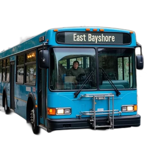 photorealistic, concept art, blue, city, bus, parked, side, road transparent PNG cut-out