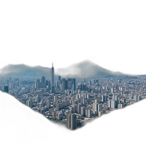 building, photorealistic, 3d render, concept art, vaporwave, fog, city street, aerial transparent PNG cut-out