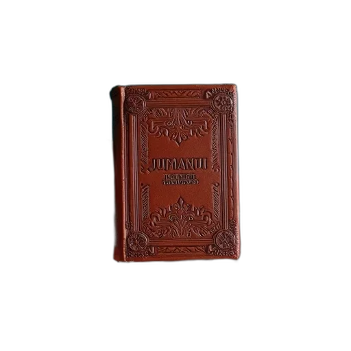 small, brown, leather-bound, book, word, jumanji, embossed, cover transparent PNG cut-out