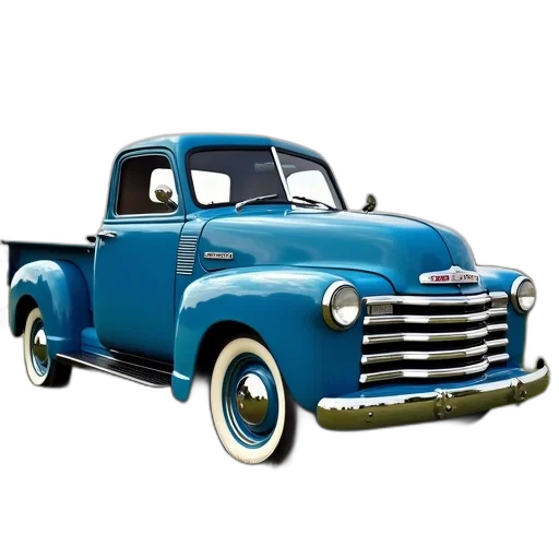 car, 3d render, photorealistic, vintage, blue, pickup, truck, white transparent PNG cut-out