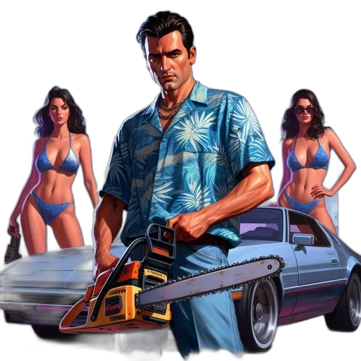 car, weapon, concept art, comic book art, vaporwave, pixel art, beach, man transparent PNG cut-out