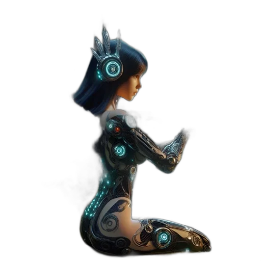 robot, dress, staff, jewelry, concept art, fantasy art, cyberpunk, 3d render transparent PNG cut-out
