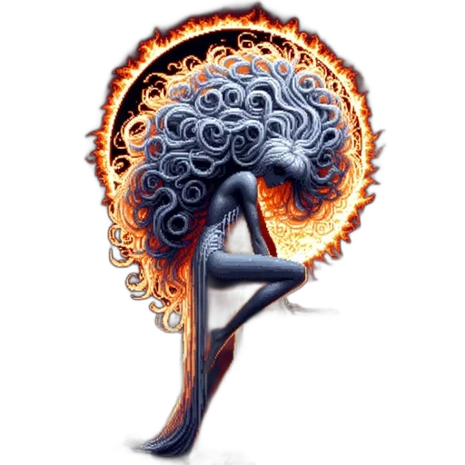 hair, crown, concept art, fantasy art, pixel art, comic book art, fire, female transparent PNG cut-out