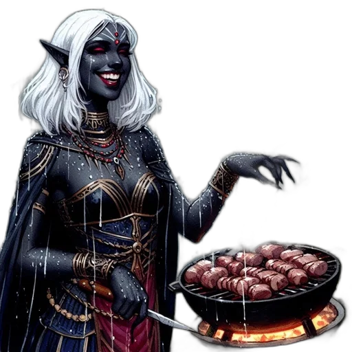 food, fantasy art, concept art, comic book art, fire, dark, dark-skinned, elf-like transparent PNG cut-out