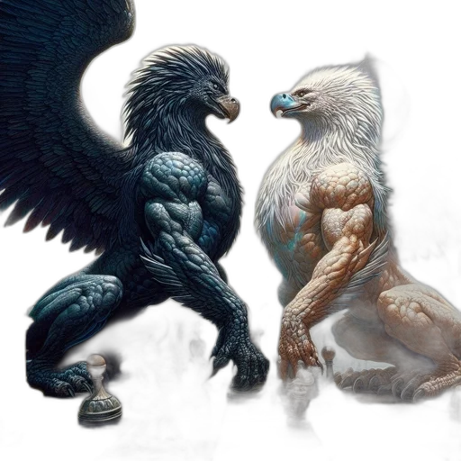 concept art, fantasy art, photorealistic, comic book art, blue, two, mythical, creatures transparent PNG cut-out