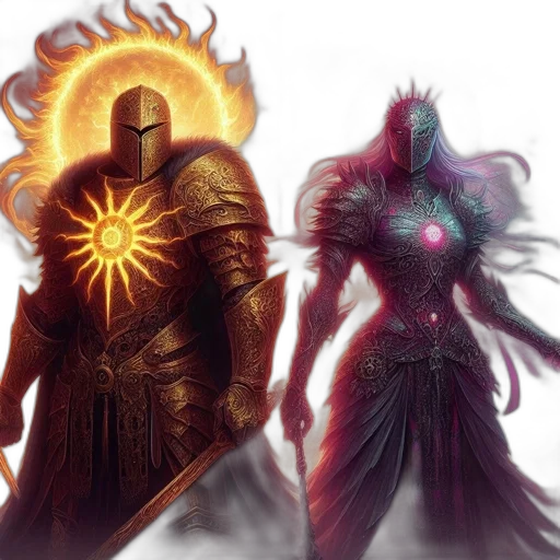 fantasy art, concept art, comic book art, 3d render, fire, dark, golden, two transparent PNG cut-out