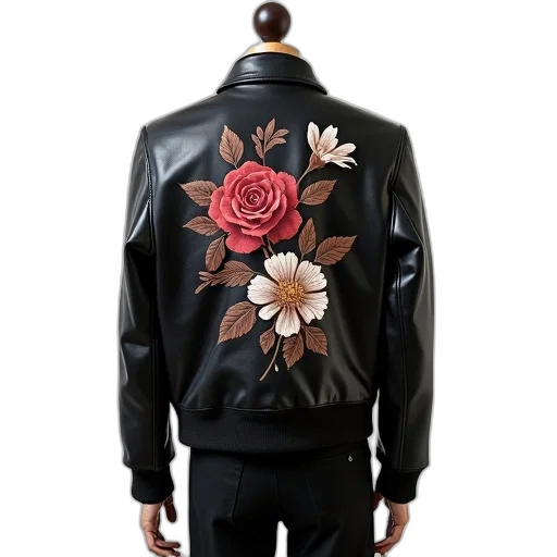jacket, flower, black, leather, detailed, floral, pattern, back transparent PNG cut-out