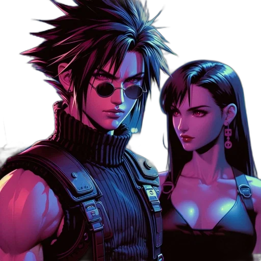 cyberpunk, comic book art, concept art, anime, neon lights, neon, two, mysterious transparent PNG cut-out
