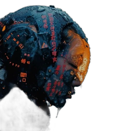 mask, hat, hair, face, concept art, 3d render, outer space, dark transparent PNG cut-out