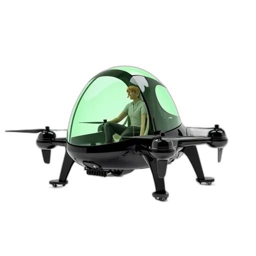 3d render, futuristic, black, green, drone, transparent, cockpit, displayed transparent PNG cut-out