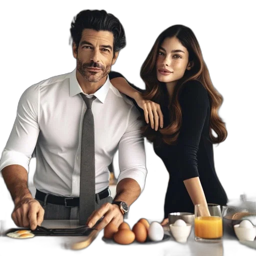 photorealistic, concept art, couple, prepares, food, stylish, kitchen, featuring transparent PNG cut-out