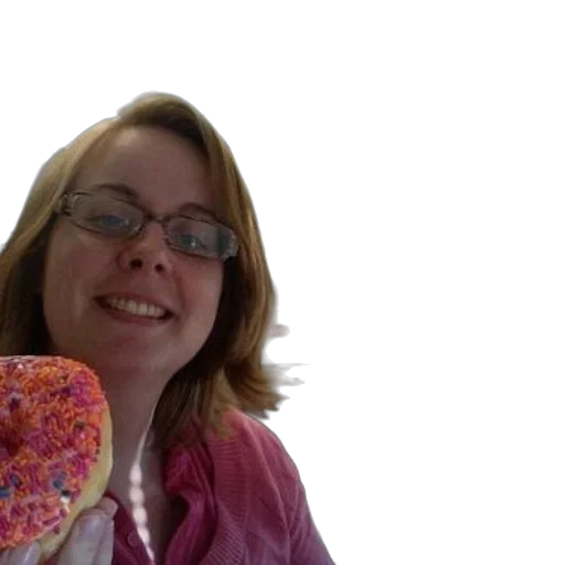 food, staff, woman, glasses, holds, donut, pink, sprinkles transparent PNG cut-out
