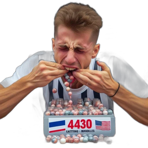 photorealistic, concept art, man, depicted, participating, marble-eating, contest, surrounded transparent PNG cut-out