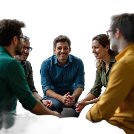 staff, group, five, people, sitting, circle, engaged, conversation transparent PNG cut-out