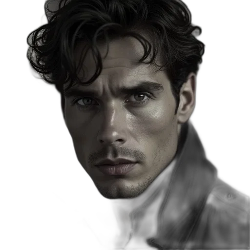 face, hair, jacket, photorealistic transparent PNG cut-out