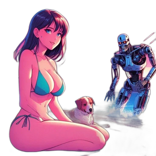 robot, comic book art, concept art, pixel art, fantasy art, underwater, beach, neon lights transparent PNG cut-out