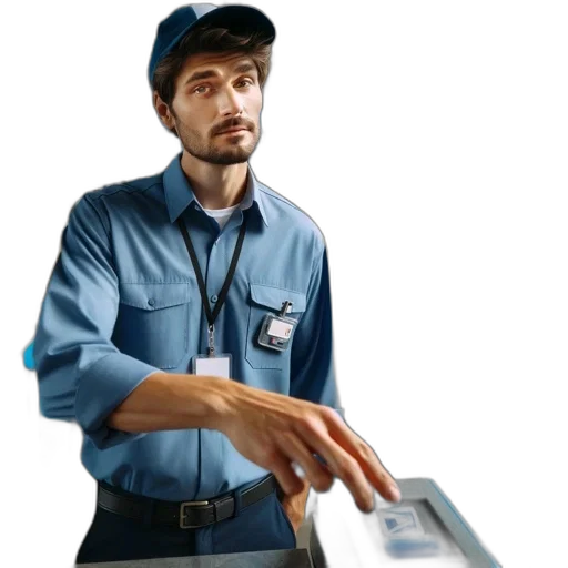 staff, robot, furniture, hat, photorealistic, concept art, 3d render, blue transparent PNG cut-out