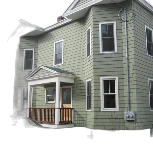 building, 3d render, photorealistic, green, two-story, house, white, trim transparent PNG cut-out