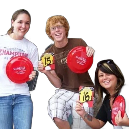 three, people, holding, red, frisbees, numbered, cards, possibly transparent PNG cut-out