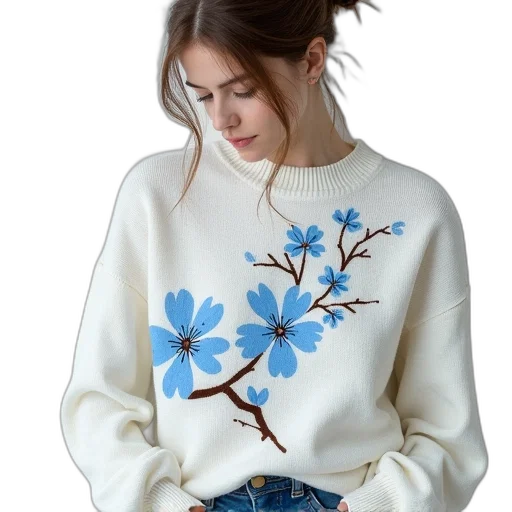 jacket, flower, photorealistic, blue, monochrome, plum, blossom, print transparent PNG cut-out