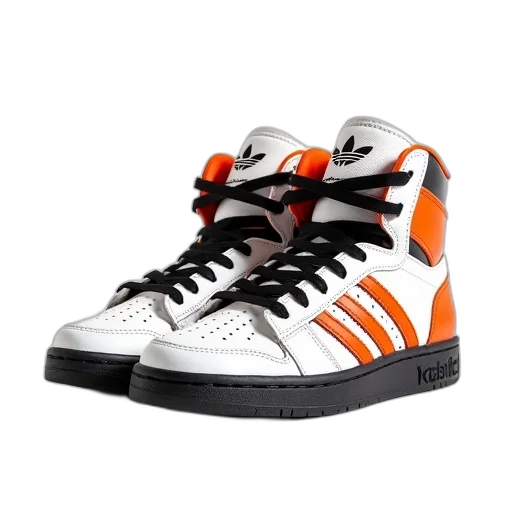 shoes, 3d render, pair, white, orange, high-top, sneakers, black transparent PNG cut-out