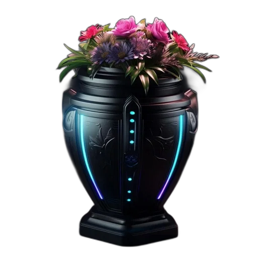 robot, crown, flower, cyberpunk, 3d render, vaporwave, concept art, dark transparent PNG cut-out