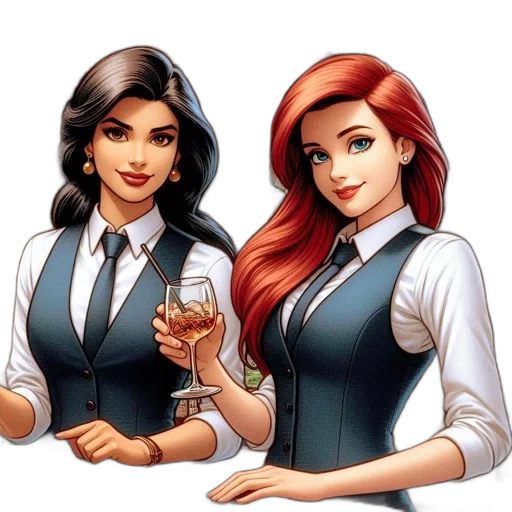 comic book art, cartoon, pixel art, concept art, two, animated, female, bartenders transparent PNG cut-out