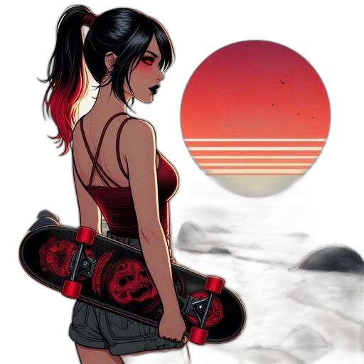 concept art, comic book art, anime, fantasy art, sunset, beach, red, colorful transparent PNG cut-out