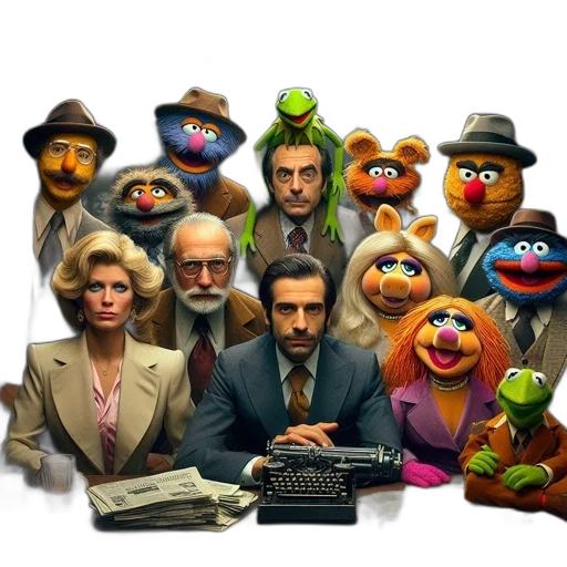 staff, concept art, muppets, people, gather, together, dimly, lit transparent PNG cut-out