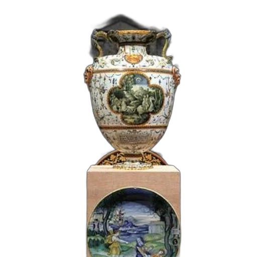 oil painting, forest, large, ornate, ceramic, vase, intricate, designs transparent PNG cut-out